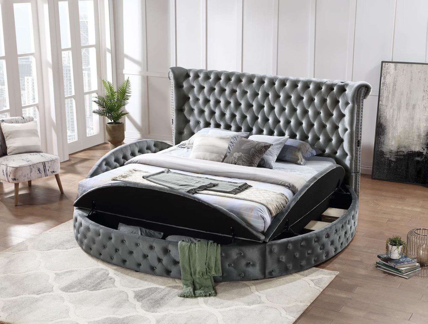 Brielle Grey Queen Velvet Speaker Bed