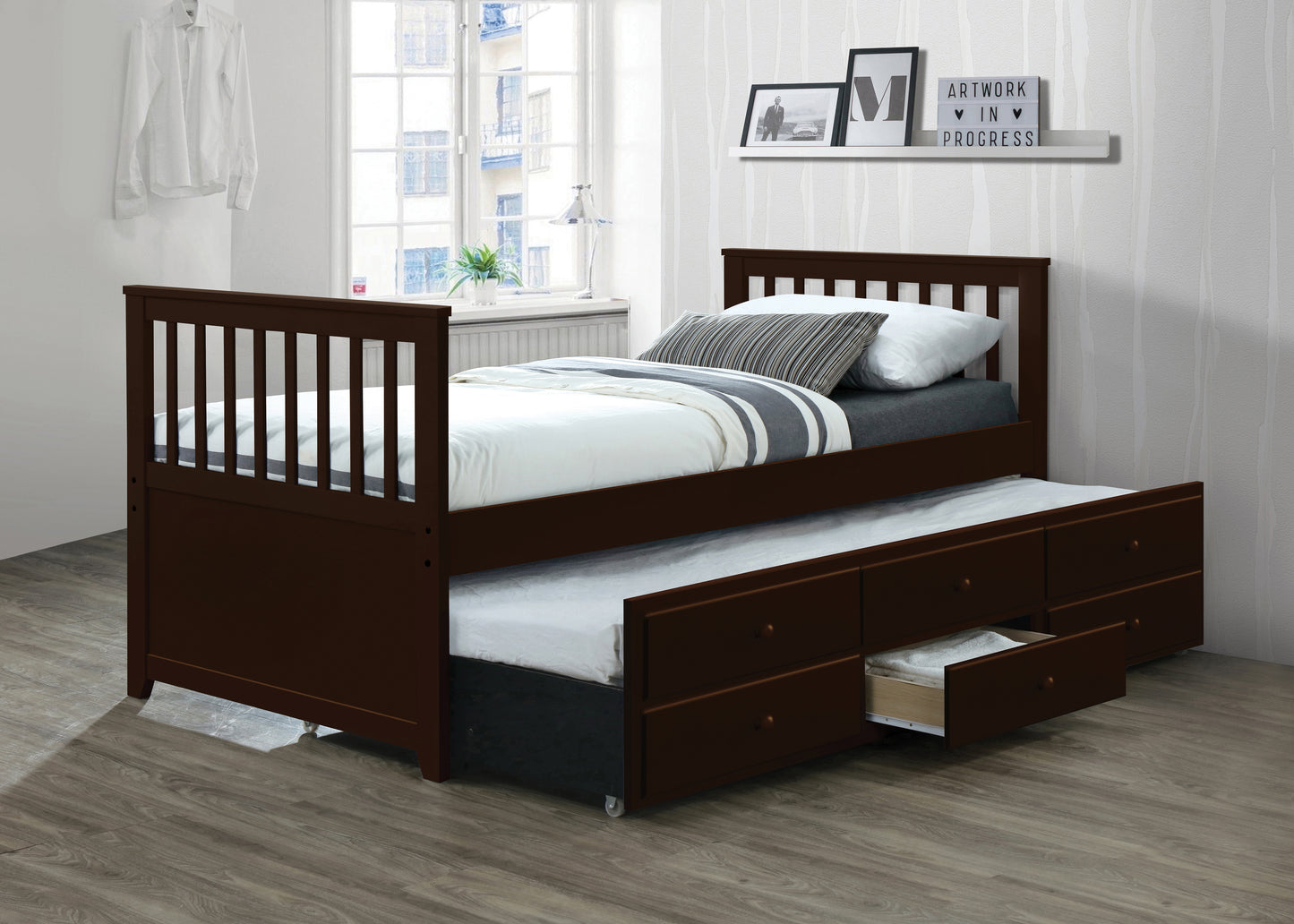 Brown Twin Captains Bed w/ Storage Trundle