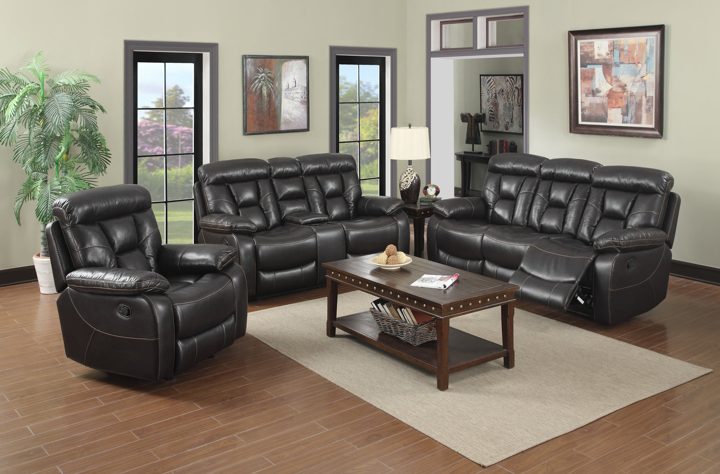 Contemporary Dark Brown Reclining Sofa and Loveseat