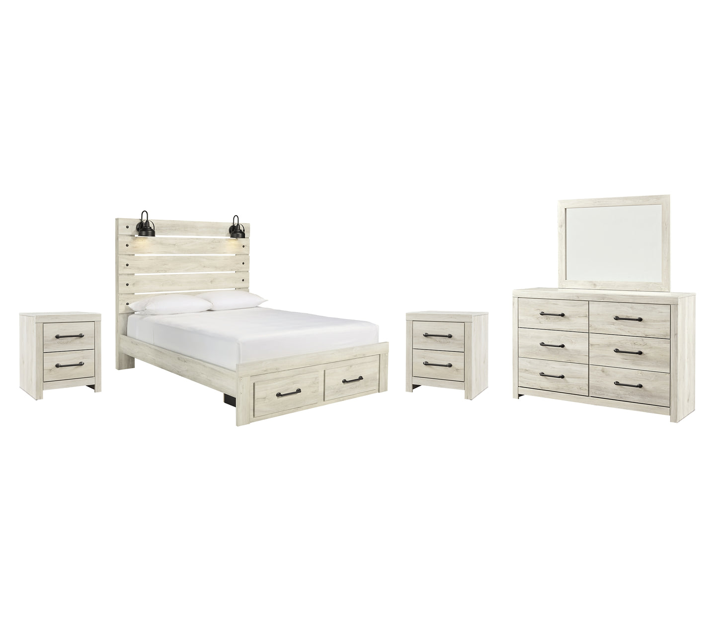 Cambeck Queen Panel Bed with 2 Storage Drawers with Mirrored Dresser and 2 Nightstands