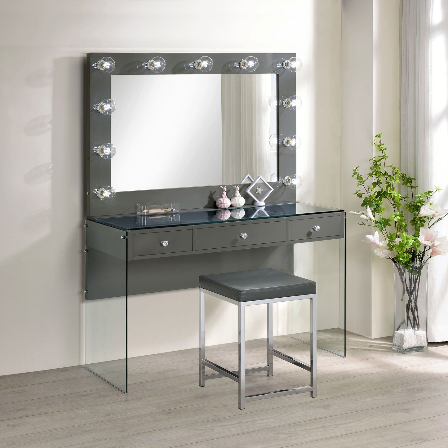 Afshan Upholstered Square Padded Vanity Stool Chrome