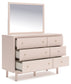 Wistenpine Full Upholstered Panel Headboard with Mirrored Dresser, Chest and 2 Nightstands