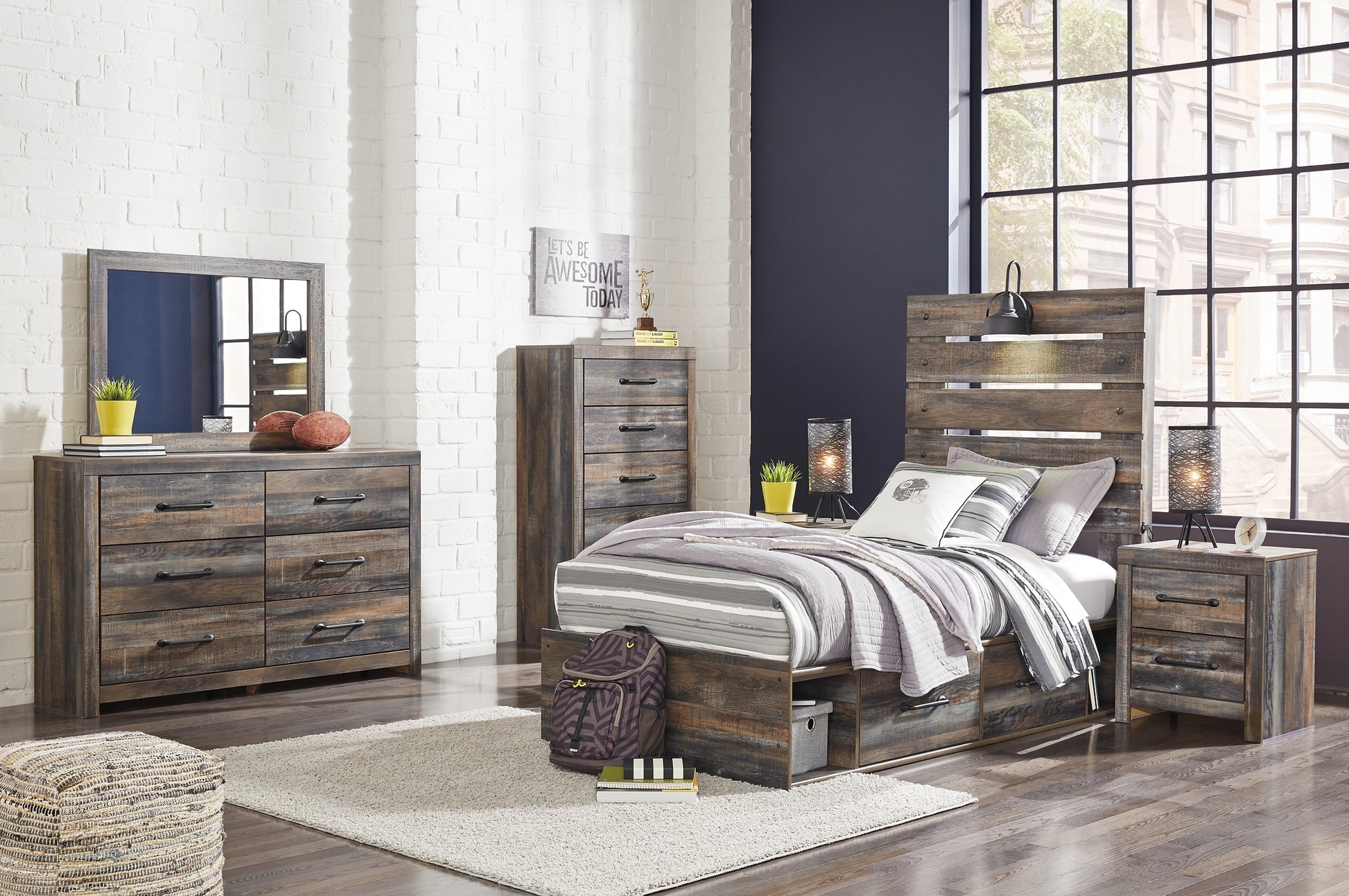 Drystan Twin Panel Bed with 4 Storage Drawers with Mirrored Dresser, Chest and 2 Nightstands JB's Furniture  Home Furniture, Home Decor, Furniture Store