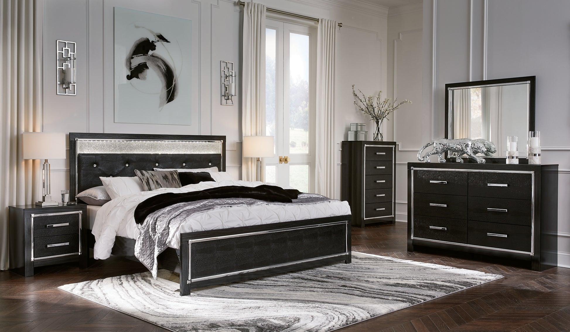 Kaydell King Upholstered Panel Platform Bed with Mirrored Dresser, Chest and 2 Nightstands JB's Furniture  Home Furniture, Home Decor, Furniture Store