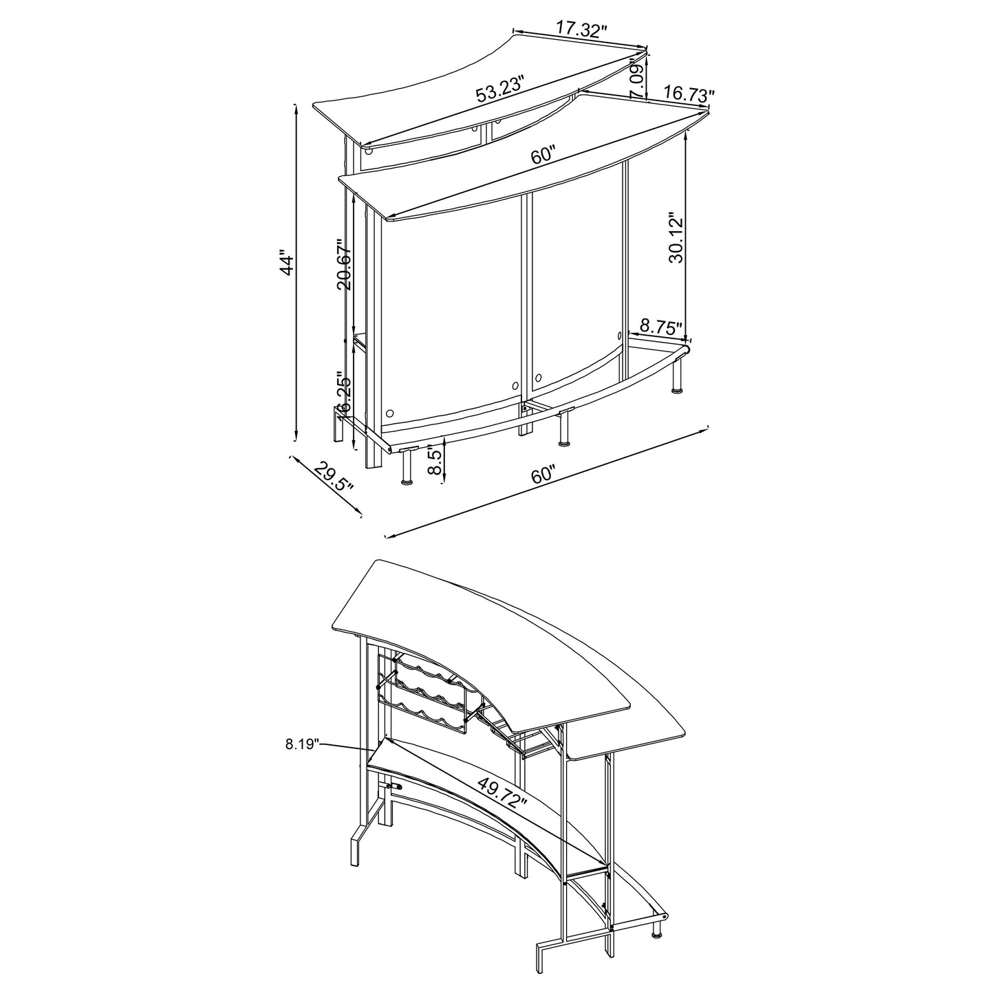 Keystone Curved Glass Top Home Bar Wine Cabinet Black